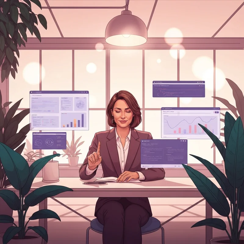 A diverse group of modern professionals using various high-tech AI interfaces and holographic displays, representing the search for the best AI tools.