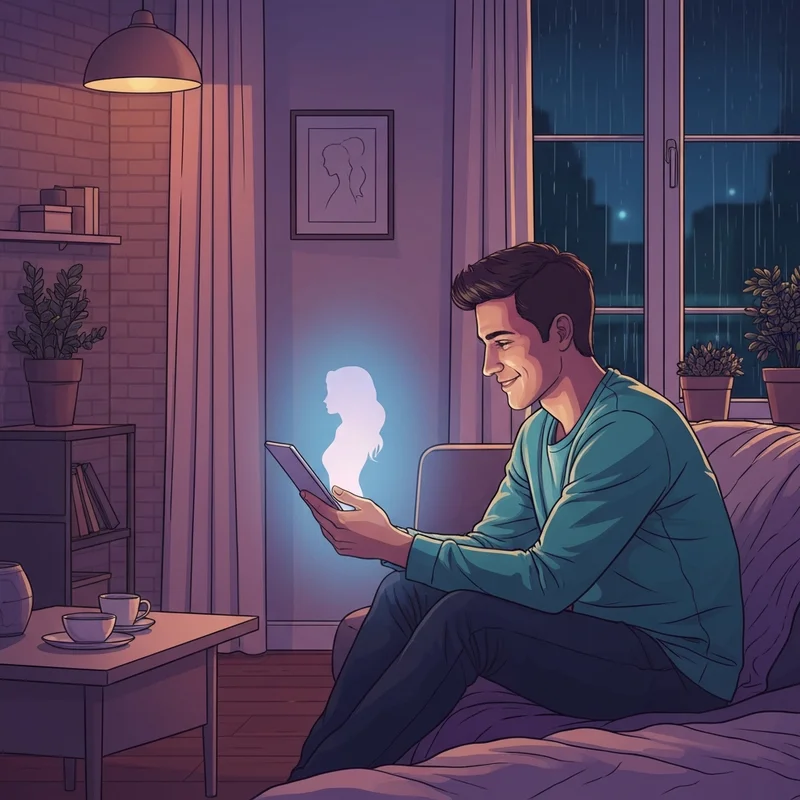 A peaceful digital companion appearing as a soft silhouette in a cozy, dimly lit room, representing the comfort and connection of a gf chatbot.