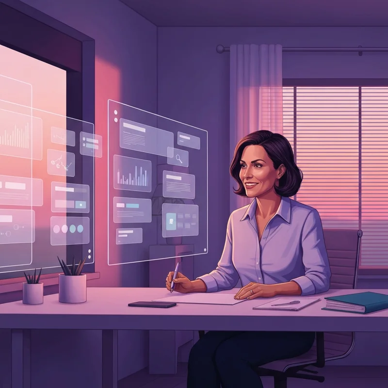 A sophisticated digital workspace featuring multiple holograms representing the best ai apps of 2026, showing a person successfully managing their workflow with high-energy productivity and focus.