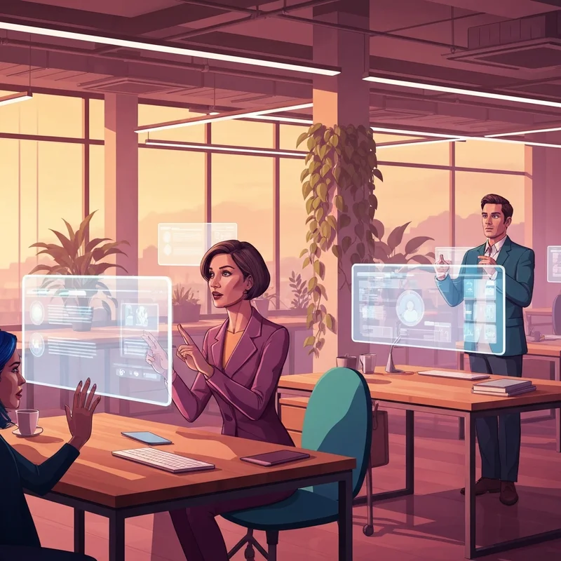 A diverse group of young professionals collaborating with holographic AI interfaces in a modern workspace, representing the best artificial intelligence tools.