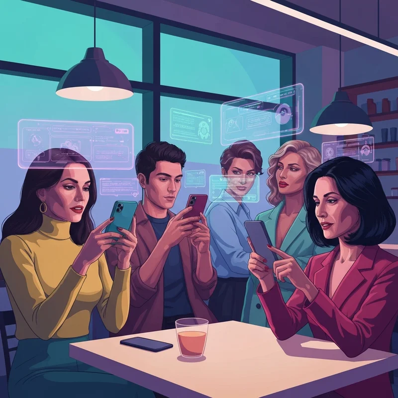 A diverse group of Gen Z friends sitting in a modern, neon-lit cafe using smartphones to interact with vibrant, holographic AI interfaces representing various cool ai apps.