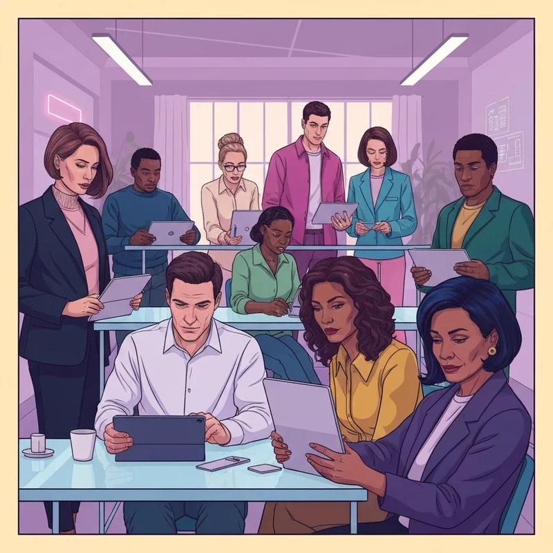 A group of diverse, ambitious young professionals in a sleek digital workspace using a popular ai app to collaborate with holographic interfaces.