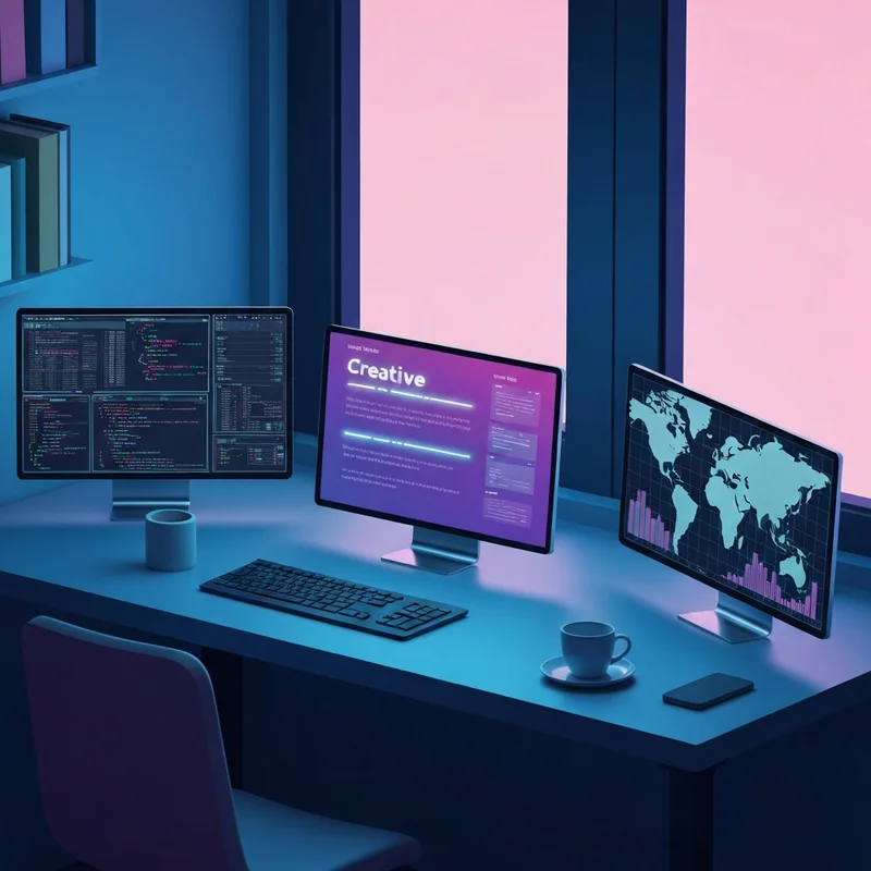 A sleek, modern workspace featuring multiple digital screens showing different best ai tools like chatgpt comparison charts and glowing futuristic interface elements.