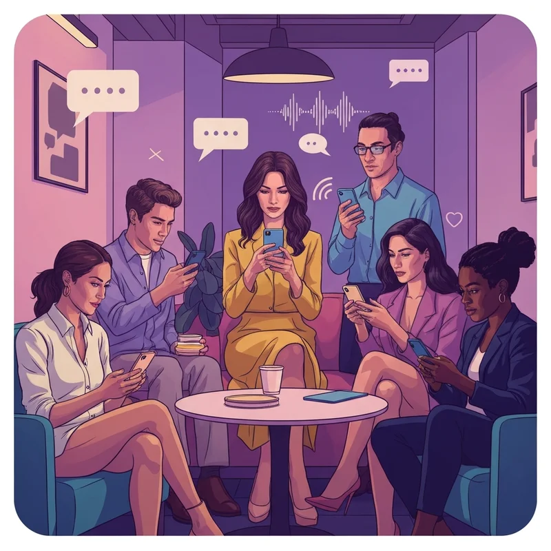 A group of vibrant, diverse young adults using smartphones to engage in a talking chat, cinematic lighting, 8k.