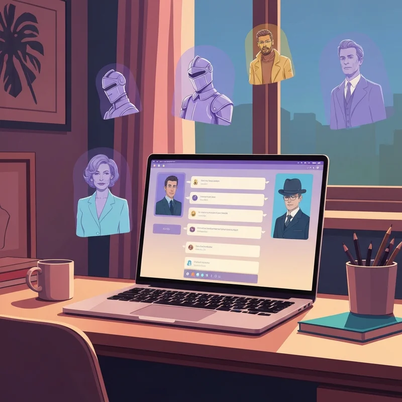 A digital artist's desk with a glowing screen showing a diverse cast of fictional characters, representing free roleplay.