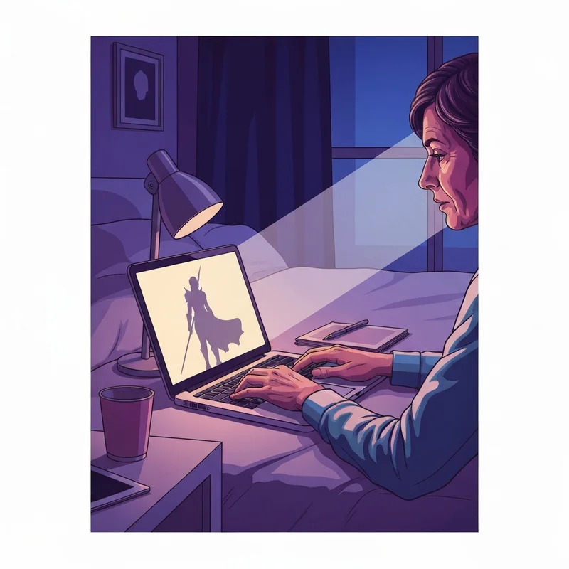 A person sitting at a desk in a cozy, dimly lit room, typing into a glowing laptop screen with a fictional fantasy character silhouette appearing in the background, representing the immersion of rp chat.