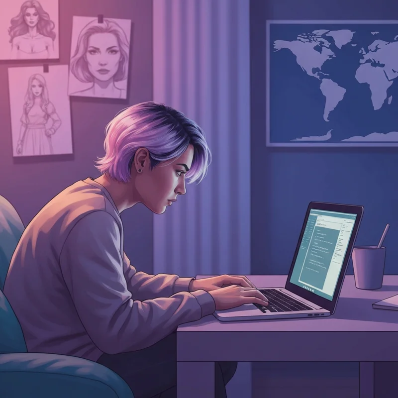 A creative individual engaging in a roleplay chat room on a laptop with character sketches in the background.