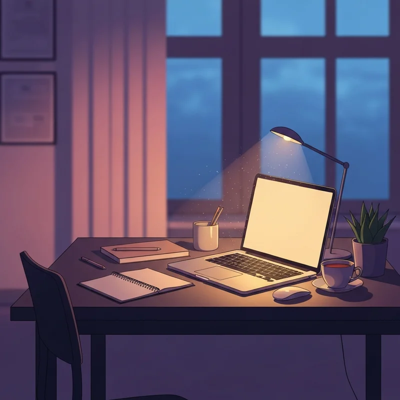A serene, dimly lit room with a glowing screen showing a creative writing interface for sex roleplay chat, symbolizing privacy and imagination.