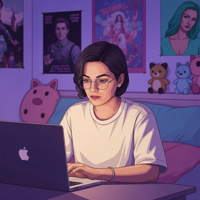 A young creative person sitting in a cozy, neon-lit room, typing on a laptop with a look of peaceful immersion, representing the world of free chat rp.