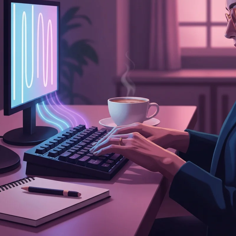 A person typing on a glowing laptop in a dark, cozy room, representing online dirty rp chat.