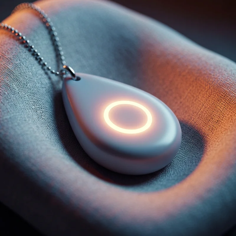 A sleek and minimalist AI necklace pendant glowing with a soft blue light, resting on a velvet surface, representing modern wearable companionship.
