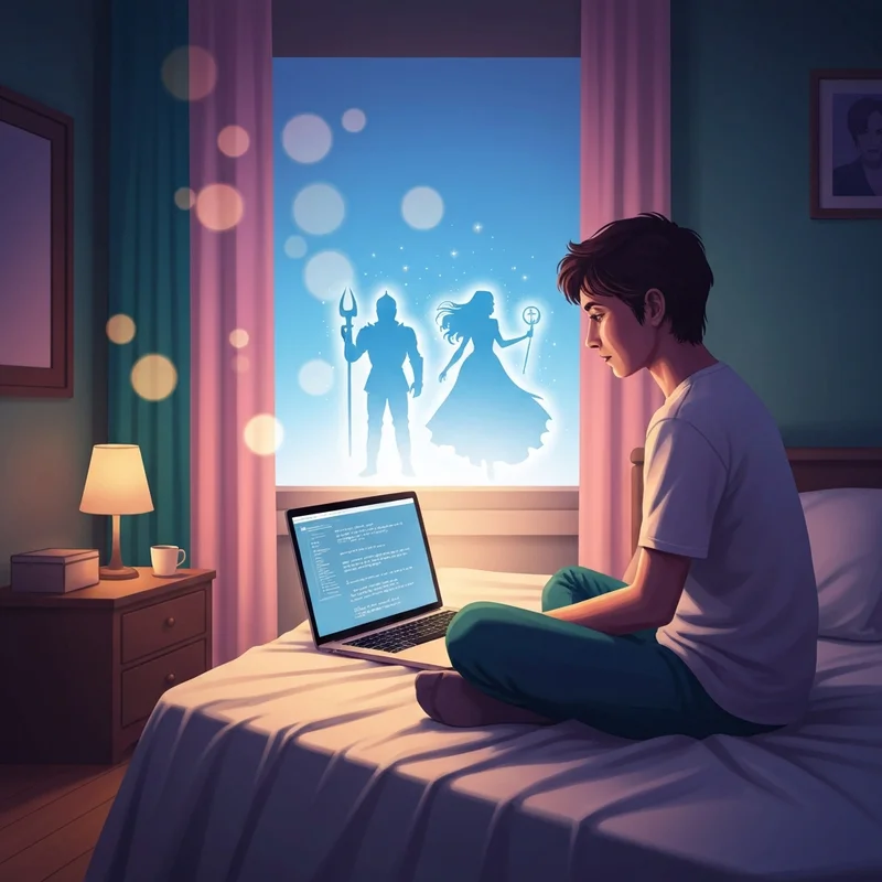 A young person sitting in a cozy room at night, glowing screen reflecting a fantasy world of free roleplay chat.
