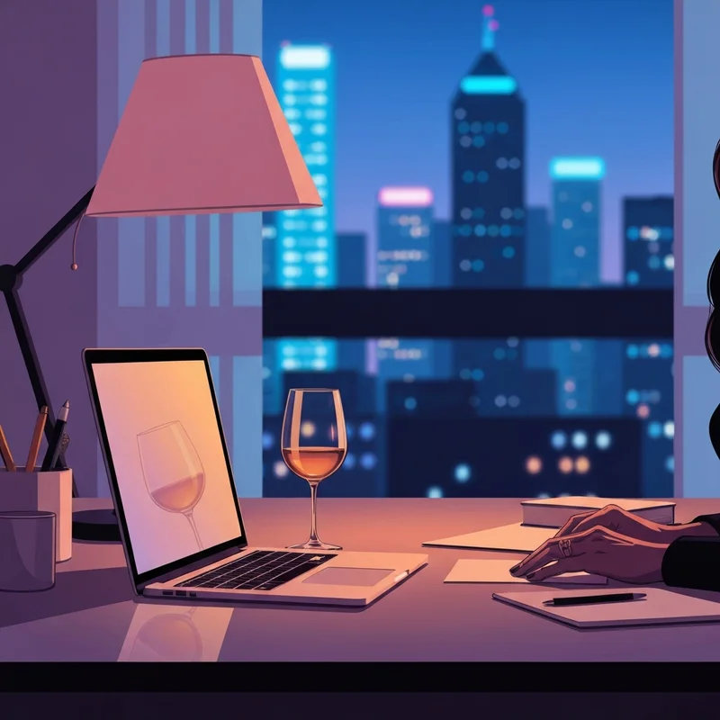 A person sitting in a neon-lit room typing on a laptop, engaging in an immersive adult rp chat session.