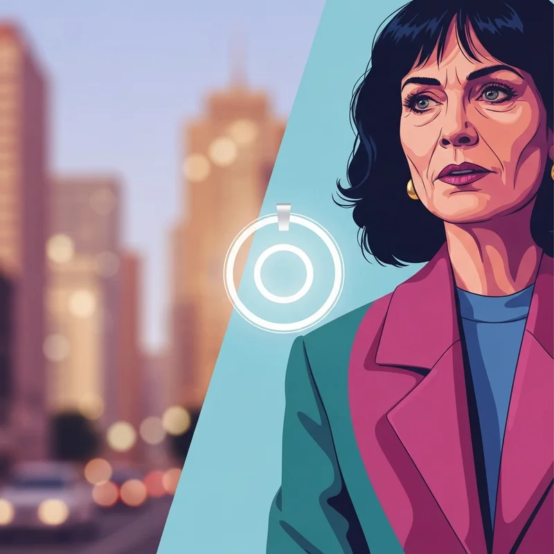 A minimalist circular pendant glowing softly, worn as a friend ai necklace by a stylish young adult in a city setting.