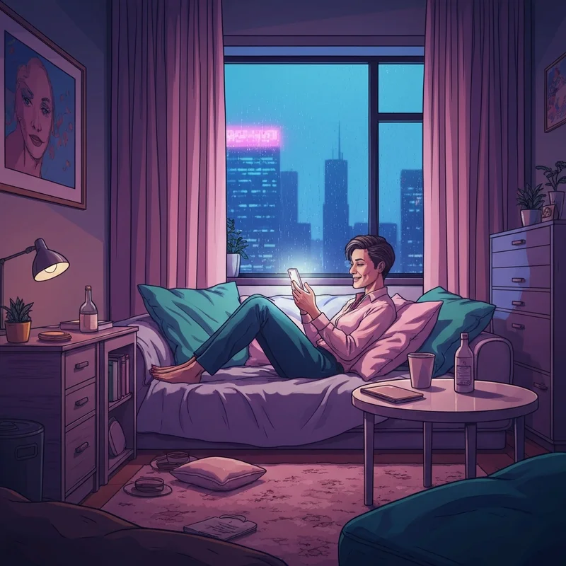 A woman relaxing on a velvet sofa with a glowing tablet, engaged in a sexy roleplay chat in a cozy, dim-lit room.