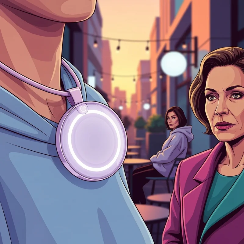 A person wearing a sleek, modern friend wearable AI pendant in a soft-focus urban environment.