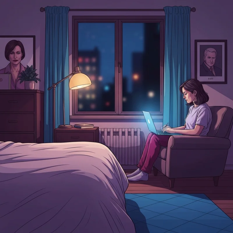 A person writing a creative story on a laptop in a cozy, dimly lit room, representing online nsfw rp.