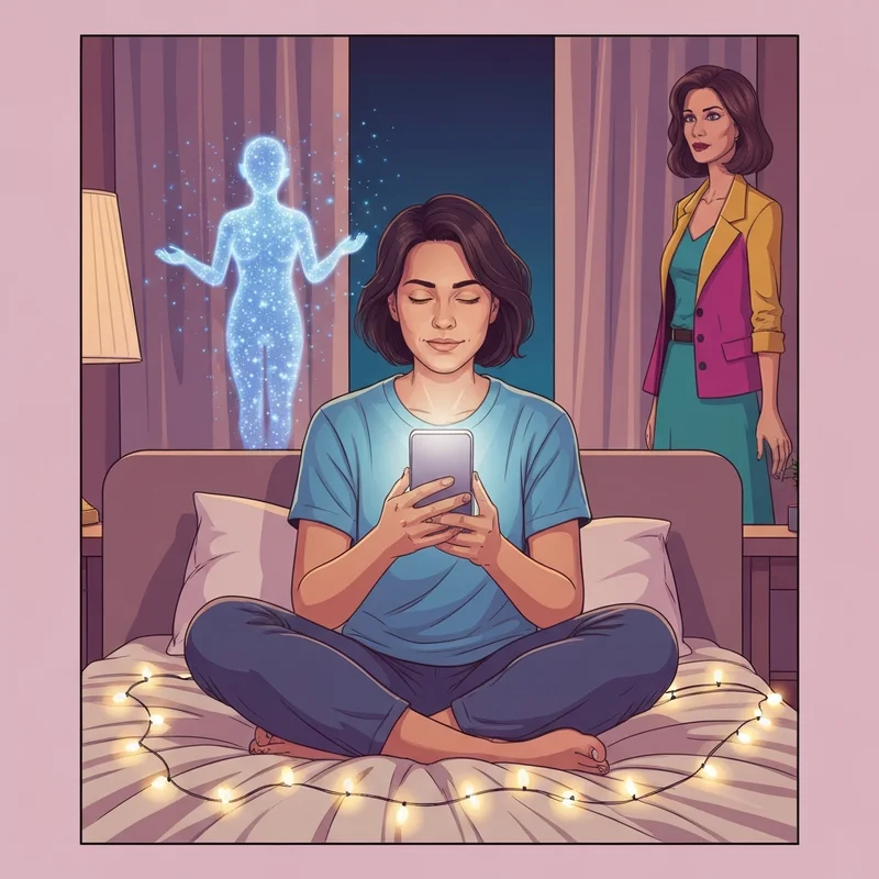 A person sitting comfortably in a dimly lit room, smiling while chatting with a glowing, supportive ai friend on their smartphone.