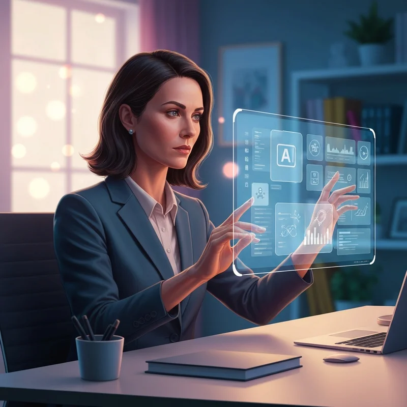 A modern professional choosing the best ai software on a holographic interface in a high-tech office environment.