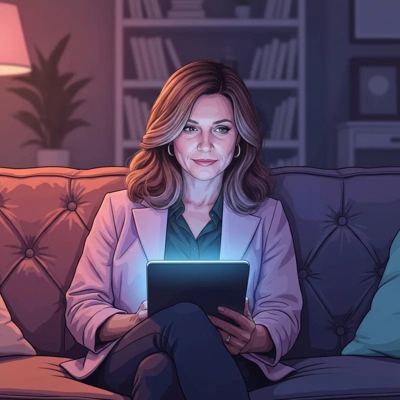 A person sitting comfortably in a dimly lit room, focusing on a glowing tablet screen with a soft, thoughtful expression, illustrating the private world of erotica chat.