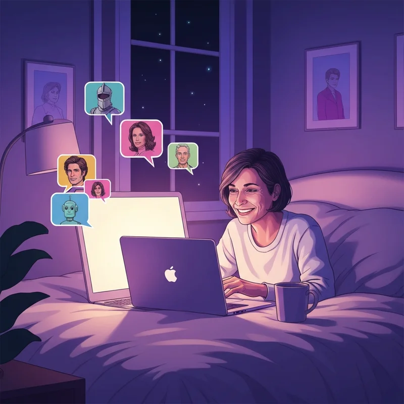 A young adult sitting comfortably in a dimly lit room, interacting with a glowing holographic interface showing various character personas for a free role play chat.