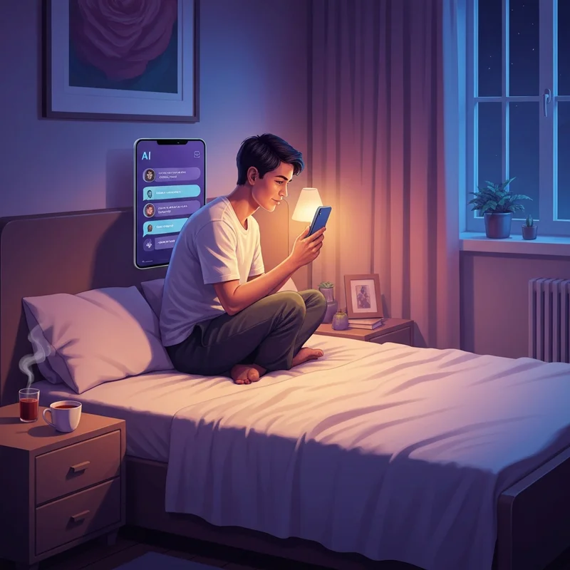 A serene digital workspace with a glowing smartphone screen showing a friendly AI chat interface, representing the best ai companion for emotional support.