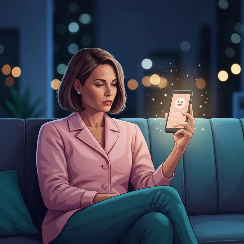 A woman in a cozy, dimly lit room holding a glowing smartphone, appearing comforted by an artificial intelligence companion dialogue on the screen.