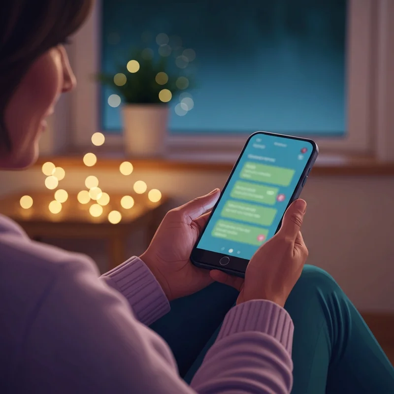 A cozy, dimly lit room with a glowing smartphone displaying a warm, empathetic AI dating chatbot free conversation interface, aesthetic and soothing atmosphere.