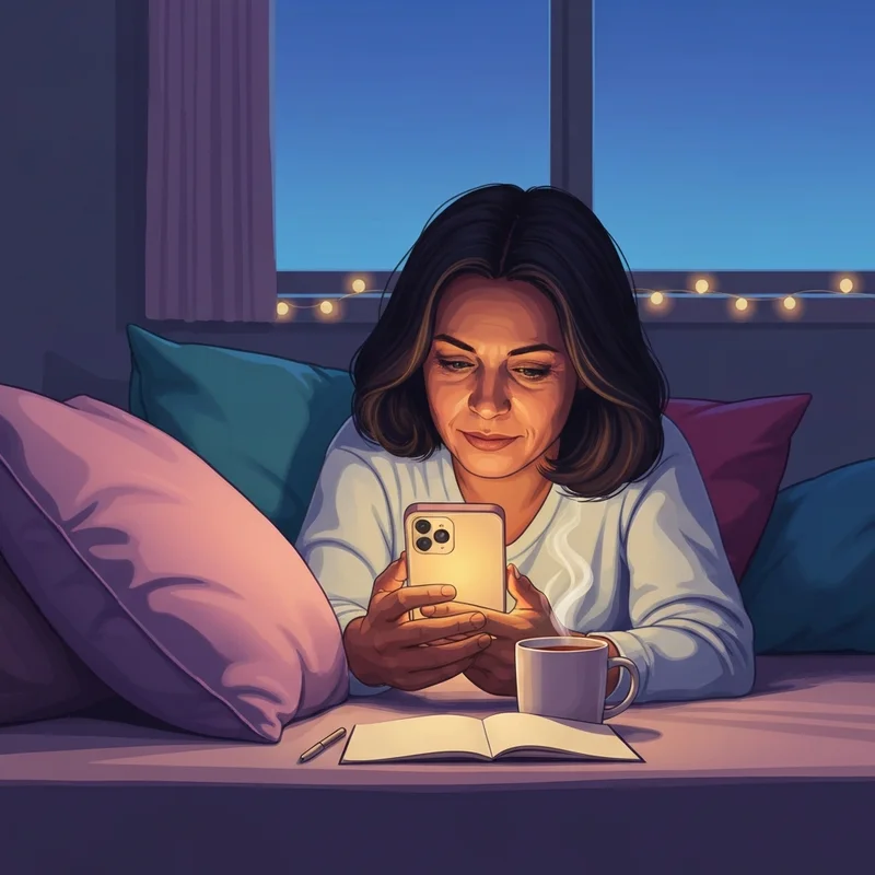 A young person sitting comfortably in a dimly lit room, smiling softly at the warm glow of their smartphone while drinking tea, representing the peace found in can people be friends with ai.