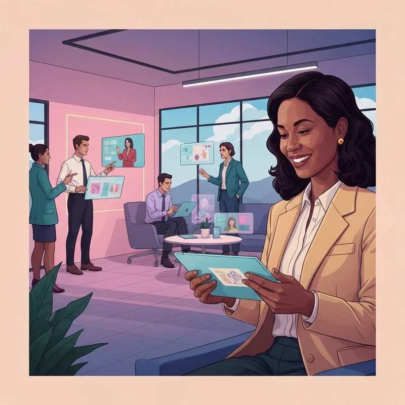 A diverse group of young professionals in a high-tech lounge using the best ai to use for creative and analytical work.