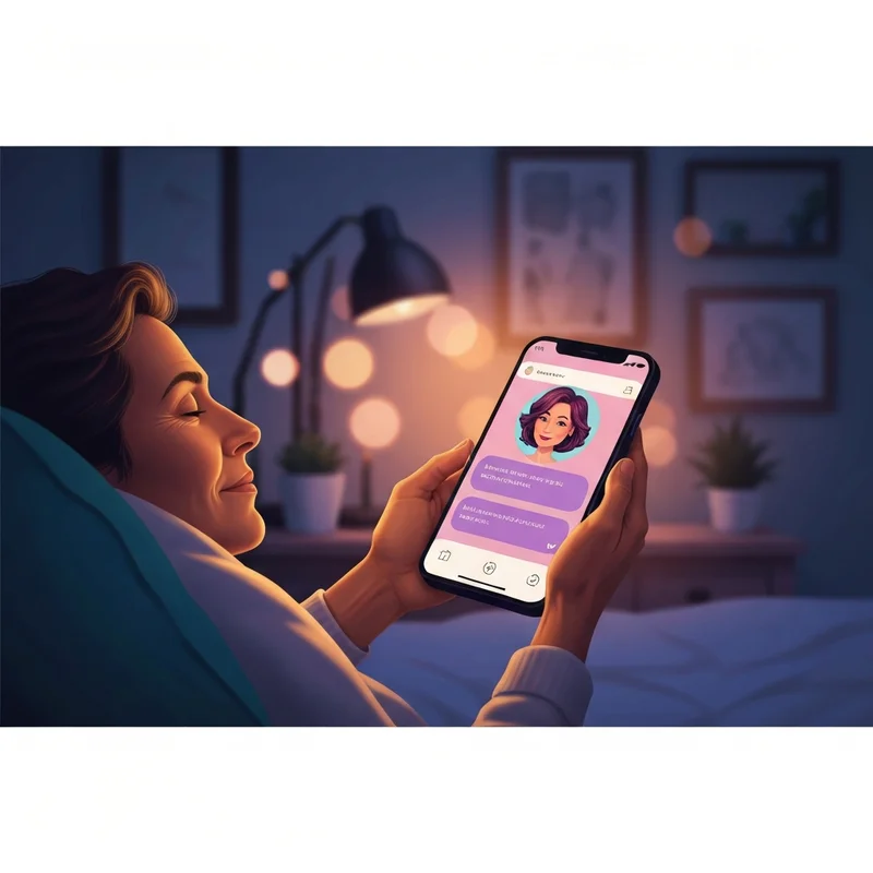 A young adult sitting comfortably in a modern, softly lit room, looking at a glowing smartphone screen reflecting a supportive digital partner interface, representing a girlfriend bot connection.