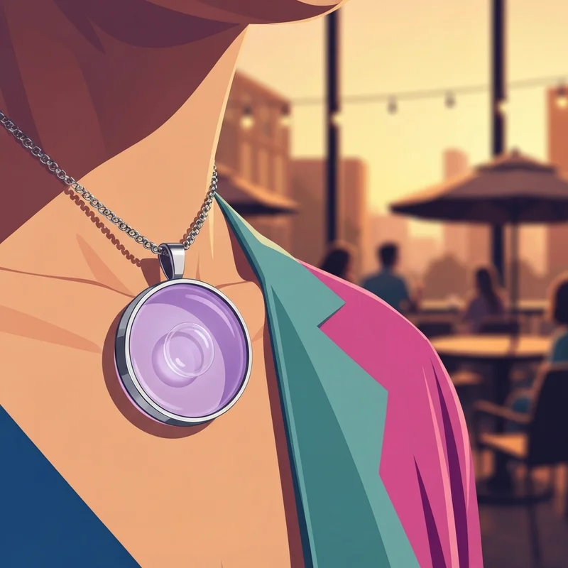 The Friend AI necklace being worn by a stylish young adult in a city setting, highlighting the translucent pendant design.