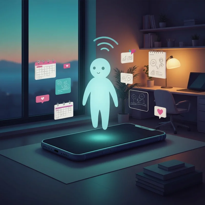 A sophisticated digital companion interface showing a glowing humanoid silhouette surrounded by productivity icons, representing the best app for artificial intelligence.