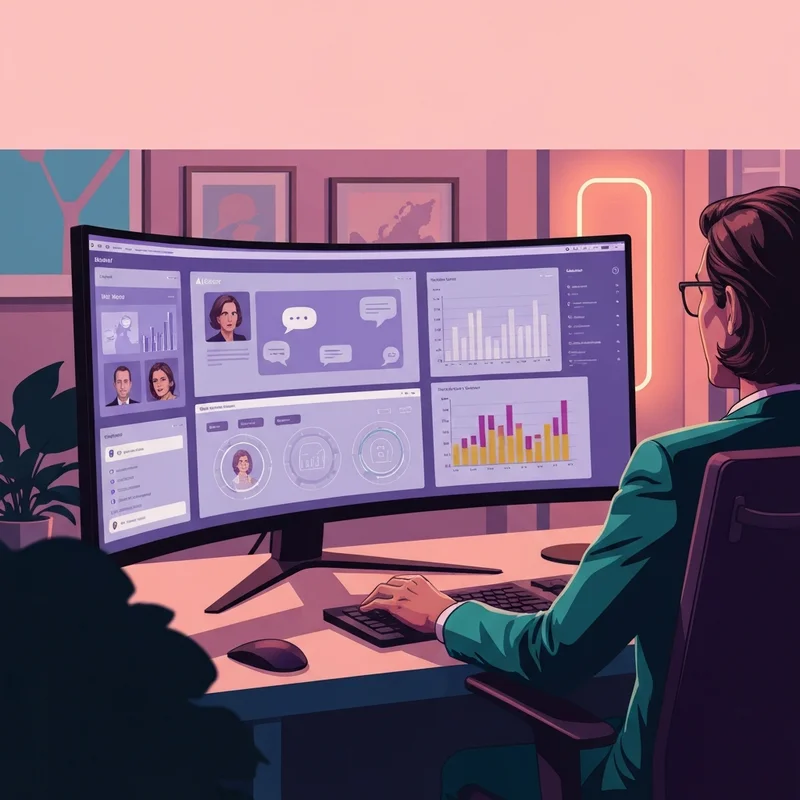 A modern professional workspace with multiple screens showing various AI options and interfaces in a clean, high-tech aesthetic.