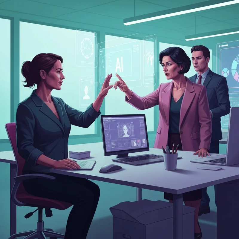 A diverse group of young professionals using the most used AI tools on their laptops and smartphones in a modern, high-tech lounge.