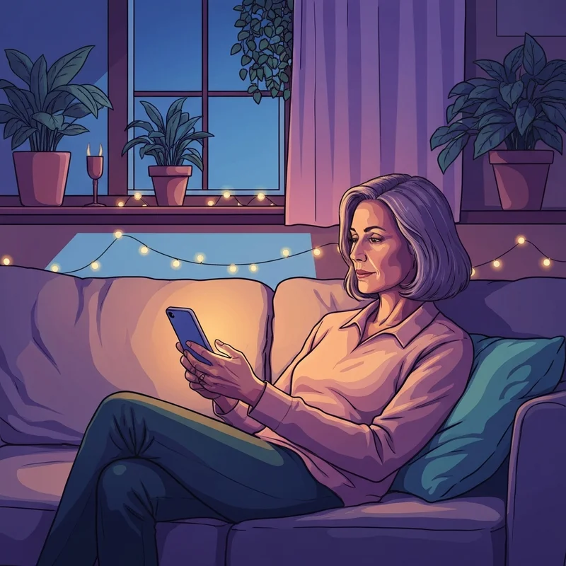 A young adult in a dimly lit room smiling at their glowing smartphone, representing a modern ai relationship app experience.