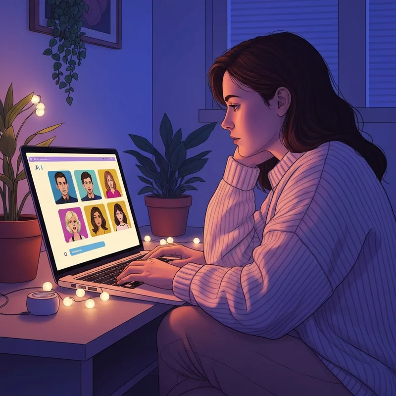 A young person sitting comfortably in a dimly lit room, illuminated by the soft glow of a laptop screen showing the hi ai online interface with character profiles.