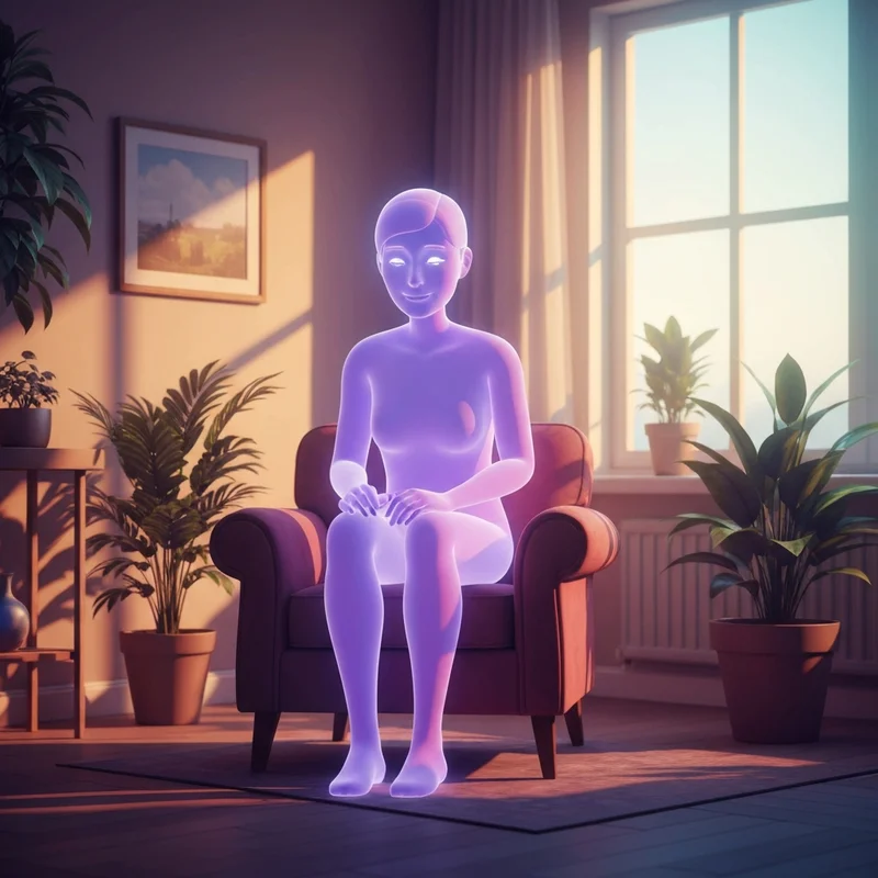 A serene 3D digital companion sitting in a cozy room, illustrating a replika ai review.