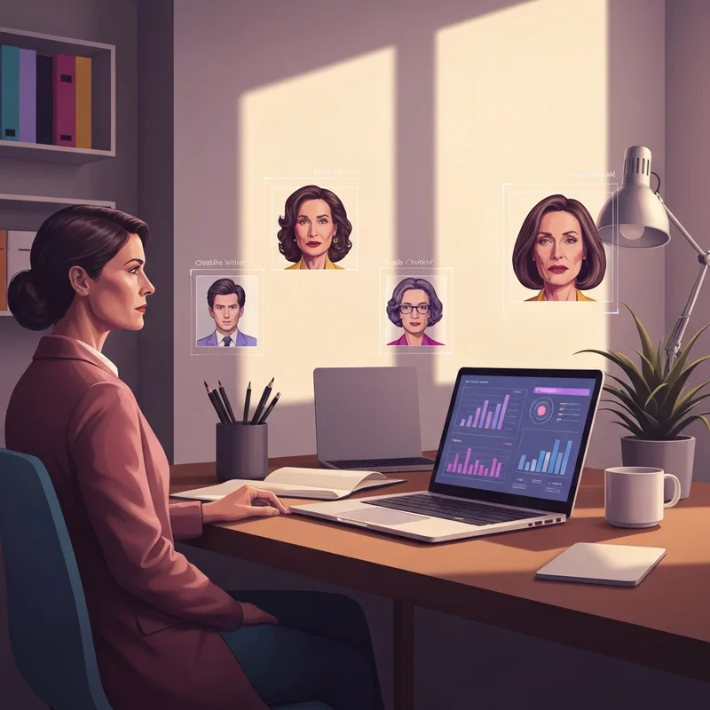 A futuristic yet warm workspace showing a diverse professional using top AI tools on multiple screens with holographic data visualizations.