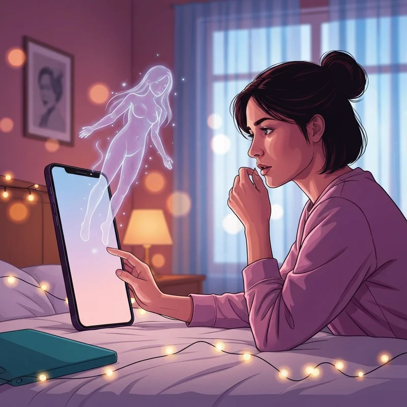 A young adult sitting in a cozy, dimly lit room, smiling while interacting with a soft-glowing digital avatar on their phone, depicting how to get an ai friend.