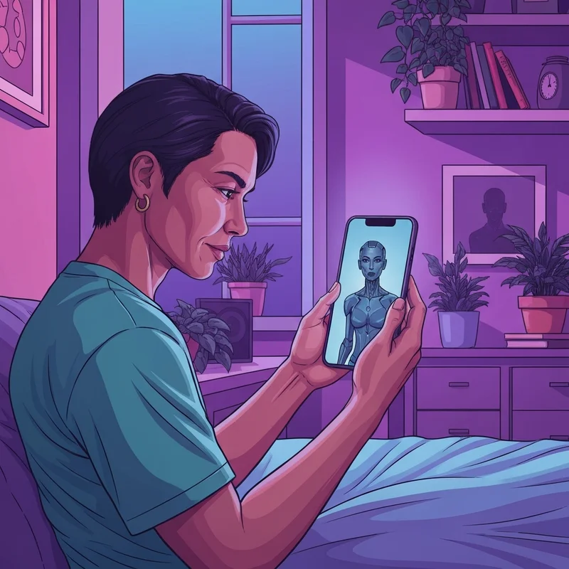 A young adult sitting in a neon-lit room chatting on a hi ai chat free platform with an ethereal AI companion appearing as a hologram.