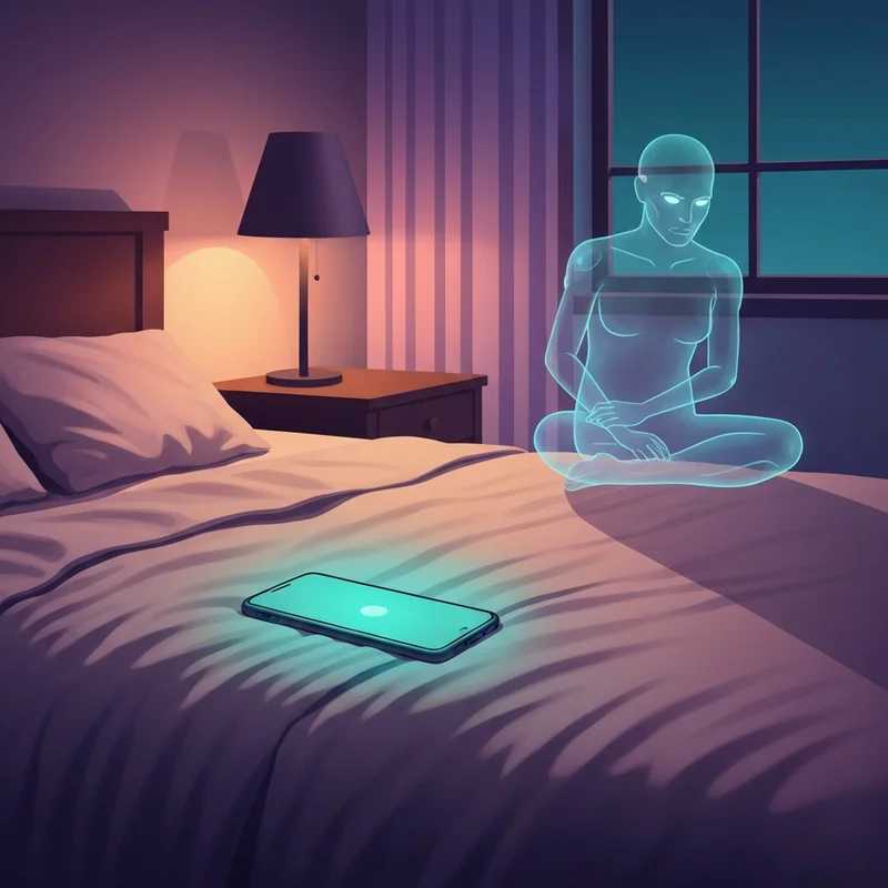 A peaceful and safe digital environment showing a person using an ai friend app for emotional support in a cozy room.