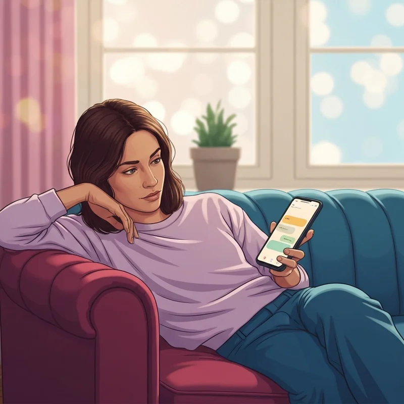 A young adult sitting comfortably in a cozy room, smiling at their phone screen which glows with a friendly, warm-toned chat interface, representing an artificial intelligence friend.