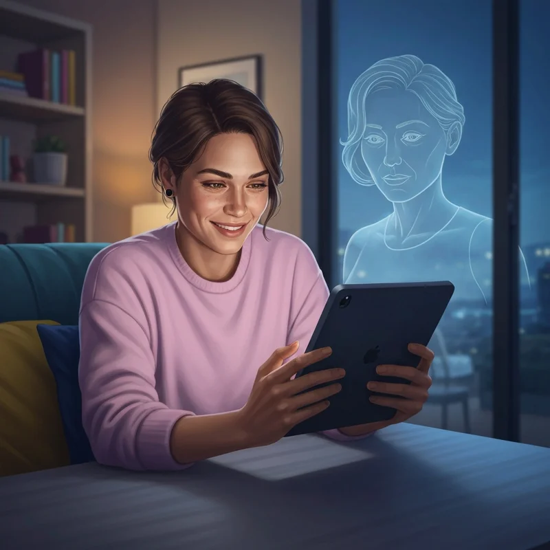An intimate digital art piece depicting the warm glow of a screen illuminating a thoughtful young adult engaged in a deep conversation with a horny companion AI.