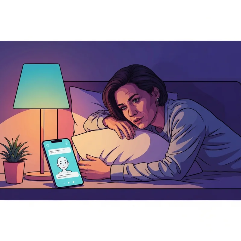 A young adult sitting comfortably in a dimly lit room, smiling while looking at a glowing smartphone screen showing a friendly AI interface, representing the best ai friend app experience.