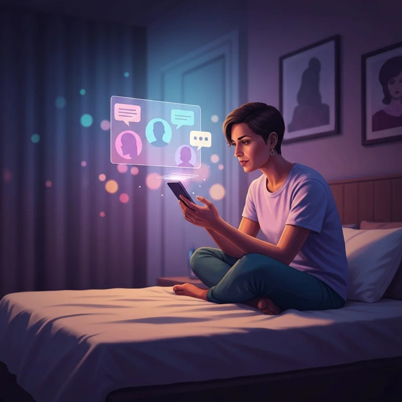 A young adult interacting with a glowing digital interface representing HotChat AI and unfiltered roleplay.
