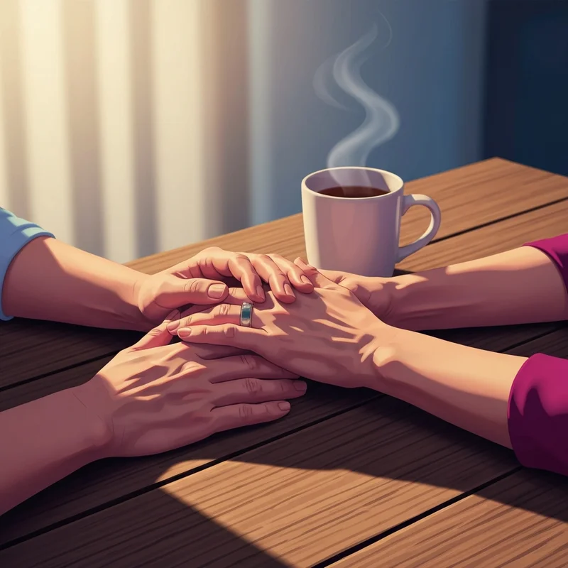 A close-up of two people's hands resting on a wooden table, one hand gently covering the other in a gesture of empathy and how to provide emotional support.