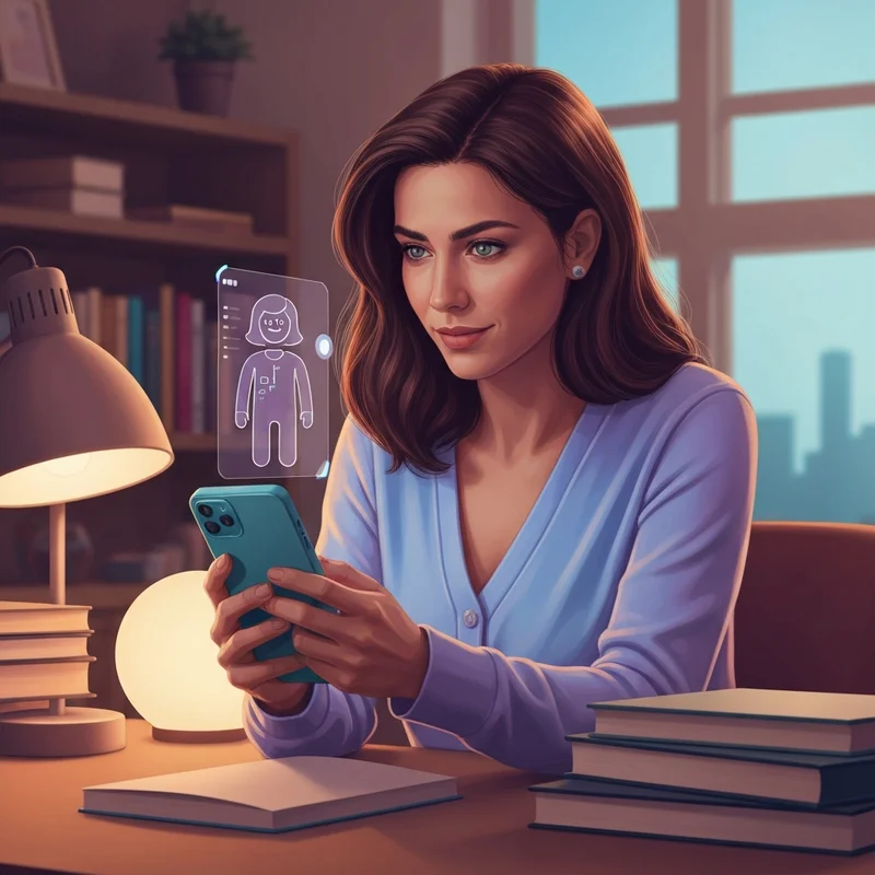 A woman sitting on a comfortable sofa in a dimly lit room, smiling warmly at her phone screen which displays a glowing AI companion interface, representing a successful replika update connection.
