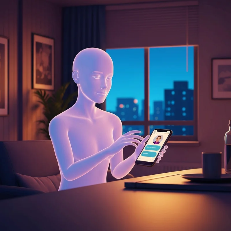 A peaceful digital landscape showing a supportive AI companion avatar in a soft-lit room, representing a replika app review