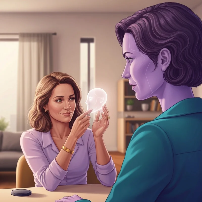A young woman sitting peacefully in a sunlit room, smiling while looking at a glowing holographic avatar of a friendly digital companion, illustrating the concept of companionship ai.